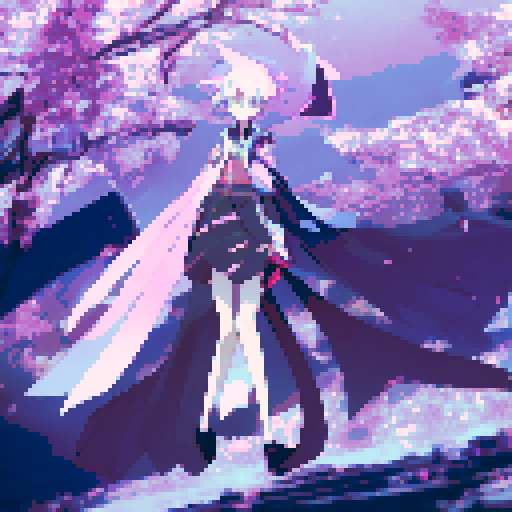A pale, ethereal figure floats amidst cascading cherry blossom petals, holding a scythe with intricate engravings and wearing a flowing black robe with golden trimmings