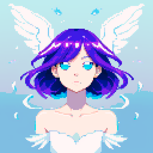 
Beautiful, ethereal angel with shimmering wings and flowing, liquid-like chrome body, rendered in minimalist pixel art with vibrant, dazzling sRGB colors