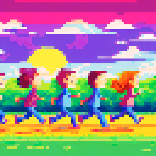 A colorful, pixelated panorama captures a group of ecstatic educators dashing out of a school, their flowing garments and wind-blown hair set against a verdant, sun-drenched backdrop, their expressions brimming with elation and relief