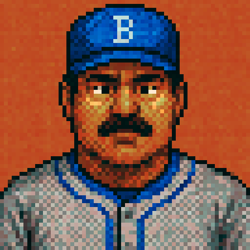 Can you make an image of a baseball coach?  Pixel perfect pixel art.  The level of detail should be similar to that of Sonic of the Hedgehog.  Use dithering and anti-aliasing when needed.  Make the coach like the health UI character from Wolfenstein 3d.  Give him a neutral expression.  His jersey should be gray with blue accents.  His had should be blue with white accents.  Can you make the coach latino with a mustache?  