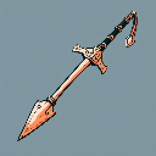 I want a wickedly sharp copper harpoon. I want this object usable an asset in a videogame, meaning only one object per image, outlined with a strong black stroke, on a solid-color background. 