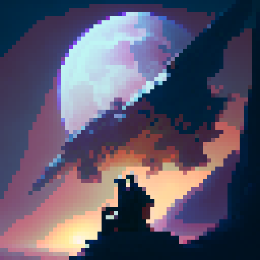 Wolf and man sitting on a bench at night with a moon in the sky