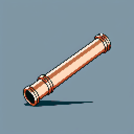 I want a tall vertical copper pipe that looks like a cannon barrel. I want this object usable an asset in a videogame, meaning only one object per image, outlined with a strong black stroke, on a solid-color background.