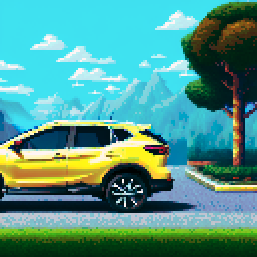 Photorealistic whole Nissan Qashqai, three-quarter view, right front wheel, clean background, sRGB colors, pixel art style
