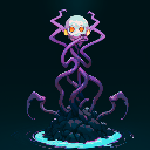 eldritch being, tentacles writhing, full body floating, brain pulsating, many eyes staring, eyeballs bulging, no humans, monsyer, sRGB pixel art