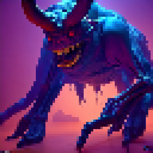  a massive, grotesque creature covered in oozing, pulsating tumors that exude toxic fumes. Its body resembles a nightmarish fusion of multiple animals, with mismatched limbs, twisted horns, and a misshapen head with glowing purple eyes. Its thick hide is almost impervious to physical attacks, and its movements are erratic and unpredictable. Its multiple legs end in razor-sharp claws that can rend through solid rock, and its massive, bulbous abdomen houses a gaping maw lined with rows of serrated