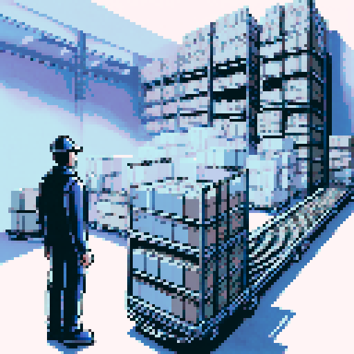 visualize a warehouse worker standing in the middle. On his front is the mouth of a conveyor belt, transporting boxes. On his back is a trolley brimming with boxes 