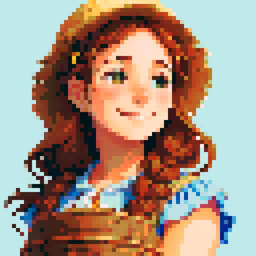 stardew valley-inspired, woman, pixel art, sRGB, vibrant colors, rustic backdrop, farm tools, sunflower field, braided hair, glowing skin, flower crown, gentle smile, freckles, rosy cheeks, straw hat, basket of fresh produce, dirt-stained hands