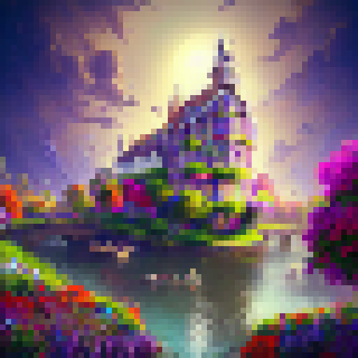 Create a pixel art of Kasteel Keukenhof, featuring vibrant tulip gardens, a flowing river nearby, a moat with a drawbridge, and a clear blue sky overhead.