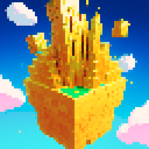 Imagine a vibrant, pixelated world known as Money Land, where the air is thick with the excitement of flying gold coins. This digital realm is filled with towering skyscrapers made of gleaming gold and silver, reflecting the bright, sunlit sky. Streets are lined with bustling marketplaces, where pixelated residents trade and barter using shimmering gold coins that seem to have a life of their own. In the sky above, gold coins of various sizes fly freely, leaving trails of glittering light in the