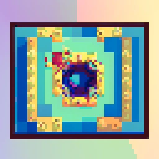 16-bit rectangular blueberry art frame, space portal inside, cute pixel art, vibrant colors, whimsical characters, dynamic motion, detailed shading, intricate patterns, nostalgic feel