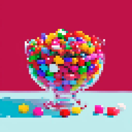 rainbow candy mix in different shapes in a glass bowl, white background
