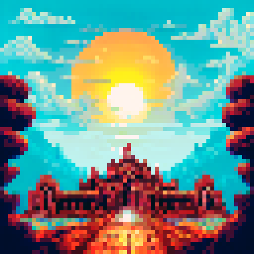 An enormous gated fortress that looks like a golden Angkor Wat, among a field of fluffy white clouds, with a bright orange sunset behind