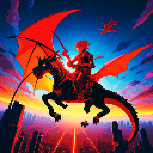 A rock guitarist riding a dragon, flying through a fiery sky above a futuristic city, brandishing his guitar like a sword