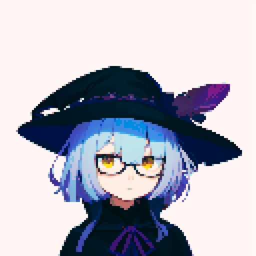 male, symmetrical face, closed mouth, yellow eyes, hair between eyes, solo male, straight-on, facing viewer, light blue hair, bob cut, white pupils, tsurime, pepekekeko, long bangs, flowing sleeves, capelet, perfect anatomy, blunt bangs, intricate details, witch hat, feather, glasses, pixel art, sRGB
