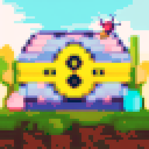 Create a pixel art treasure chest icon with a bee theme, front view only, to match reference images. Use golden-yellow and black, with honeycomb texture and bee details. Pixel art style should look like the reference image