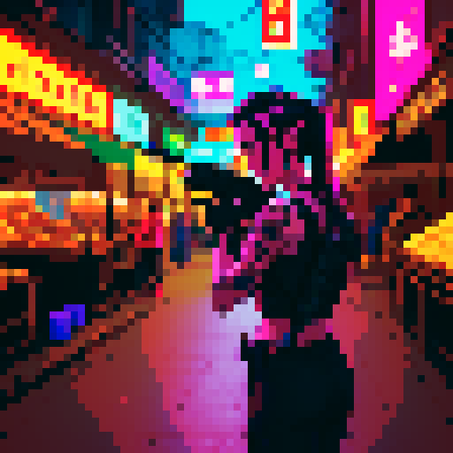 Street merchant assassin girl, neon-lit night market, slicked-back hair, pixelated sniper rifle, fluorescent tattoos, sRGB glow, bustling crowds.
