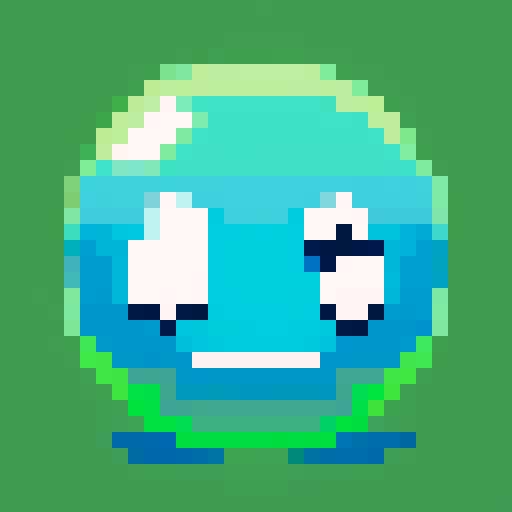 simple amorphous blob, glossy semi-transparent green body, big round eyes, goofy smile, small bubbles, pixel art, sRGB