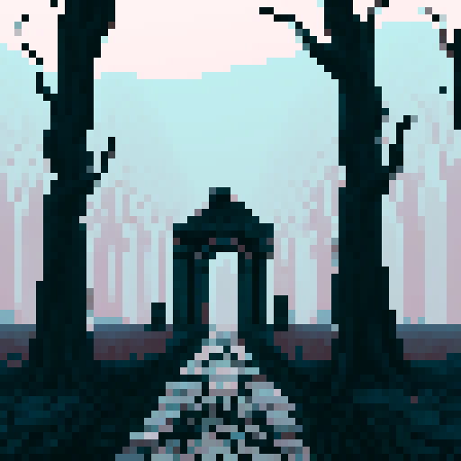 Foggy, white and gray swamp, cracked cobble stone floor, black bare trees, dark vines, moonlit sky, distant ruins of temples, eerie calm, pixel art, sRGB
