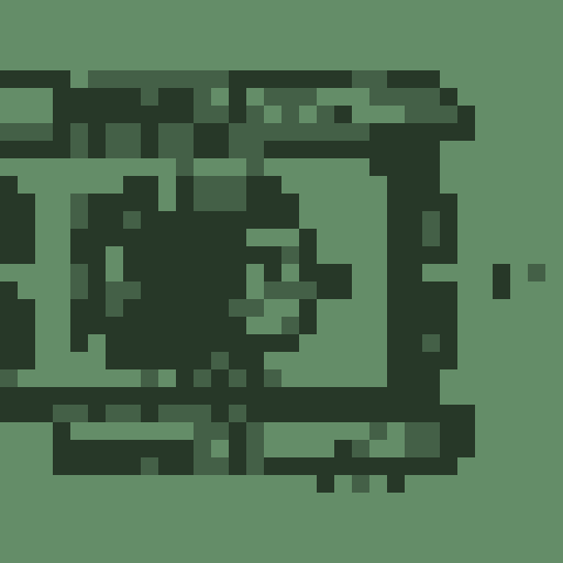 top-down view, pixel art, tank, large turret, noticeable treads, camouflage color scheme, greens and grays, blocky design, retro style, detailed armor plating, barrel