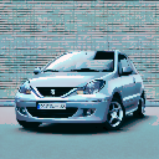 Photorealistic whole Peugeot 206, three-quarter view, right front wheel, clean background, sRGB colors, pixel art style
