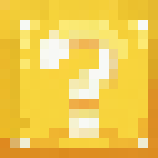 A yellow Minecraft lucky block with a white question mark in the middle