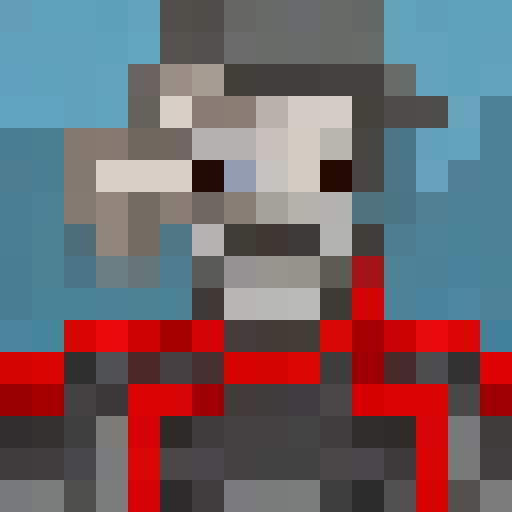 Long, bushy beard and glasses, a programmer intently typing at a desk while his black and white cat lounges on top of his computer tower, all in the style of a retro game icon with a 16x16 pixel art close-up portrait