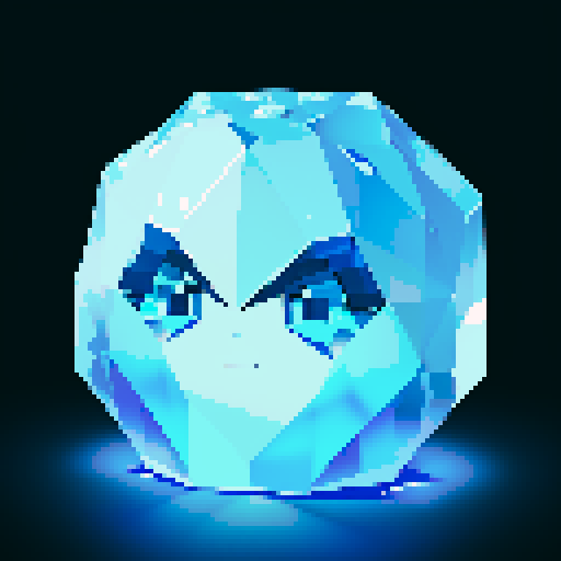 An exquisite, crystalline slime with a diamond-like structure. It has gleaming, sharp edges, radiant eyes, and a serene expression. The body reflects and refracts light beautifully. No background.
