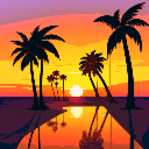 palm trees silhouetted against a fiery sunset sky, golden sand reflecting hues of orange and purple