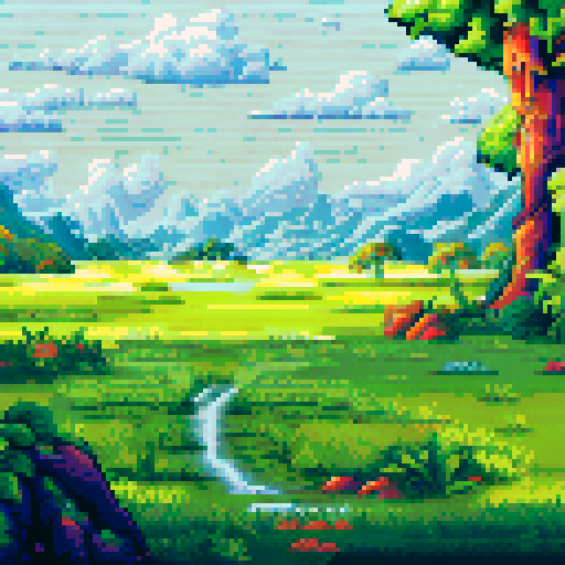 Lush, green landscape with high-tech elements, rendered in sRGB pixel art style