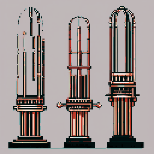 I want a tall vertical copper structure reminiscent of a organ pipe. It should have strange mechanical details that could interlock with each other. I also want this object usable an asset in a videogame, meaning only one object per image, outlined with a strong black stroke, on a solid-color background.