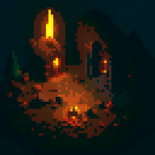 campfire surrounded by flickering shadows, torches illuminating a dimly lit dungeon, stone walls adorned with intricate pixel art, a cozy resting place amidst the eerie atmosphere