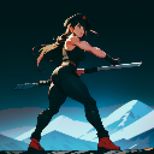 full-body image, muscle girl, female, thick biceps, big shoulders, big fists, muscular physique, thick waist, facing left, ready to fight, exaggerated proportions, black military uniform, black hat, military backdrop, sRGB, pixel art, army behind her, military behind her, army in background