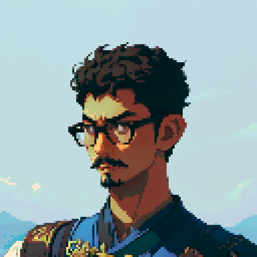 Southeast Asian man, short curly hair, round glasses, tanned, goatee, no mustache