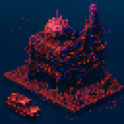 Isometric pixel art, towering mechanical monstrosities, decaying cities, flickering neon signs, bio-mechanical abominations, glowing cybernetic eyes, twisted tentacled nightmares, floating debris, ominous dark skies, toxic wastelands, rusted metal, eerie purple hues, glitching holographic billboards