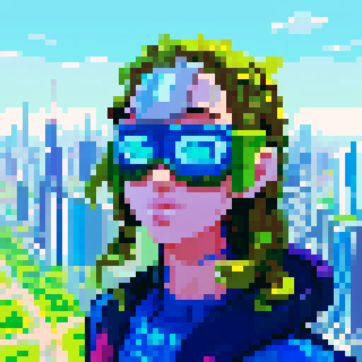 solarpunk American messiah, vibrant colors, lush greenery, futuristic cityscape, towering solar panels, gleaming skyscrapers, pixel art, sRGB