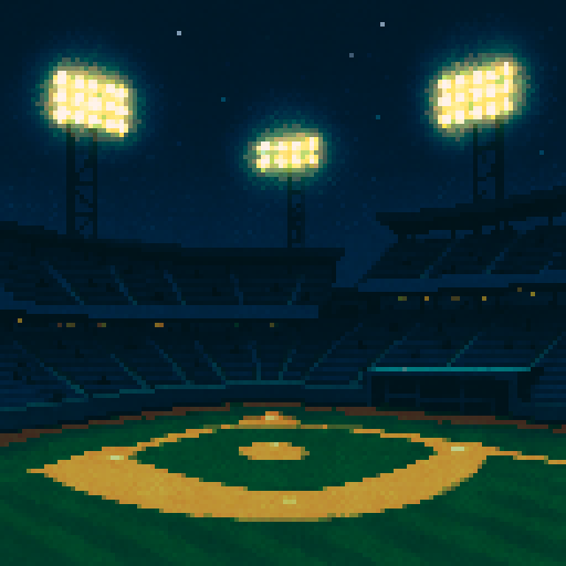 Pixel art of a quiet baseball stadium under the lights at night. The field is pristine, but the stands are mostly empty—just a few scattered silhouettes of fans. The bright glow of stadium lights contrasts against a deep navy-blue sky with hints of stars. The team dugout is dark and waiting. Use rich blues, pale greens for the field, and white/yellow stadium lights that halo softly.