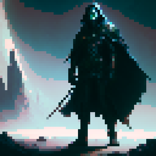 dark lord, medieval fantasy style, sinister aura, glowing eyes, blackened cloak, ornate cape, ancient mask, weapon at his back, looming presence, intense shadows, intricate details, epic scale