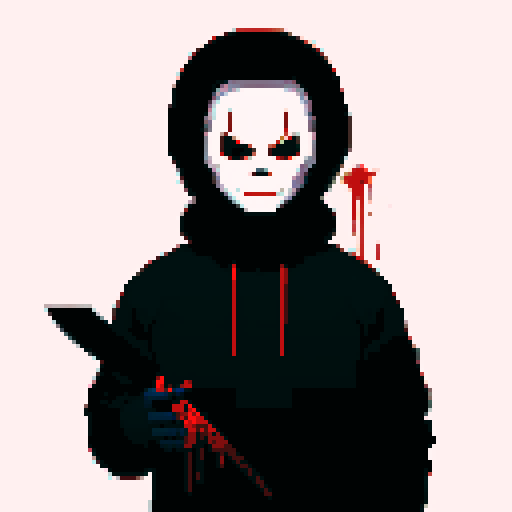 Michael Myers, dark silhouette, looming presence, blood-red eyes, pixelated horror, sRGB color palette, chilling atmosphere, knife-wielding figure