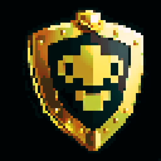 pixel art shield, two engrailed top, elaborate metallic gold edge, solid wooden field, solid black background, sRGB style