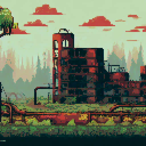 post-apocalyptic factory building, hidden in the woods, abandoned machinery, rusted pipes, overgrown vines, decaying buildings, shattered windows, eerie silence, nature reclaiming, vibrant pixelated colors, sRGB palette, atmospheric landscape
