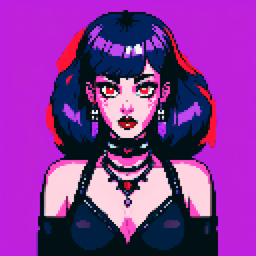 busty goth girls face, whole head portrait, black hair, purple eyeshadow, red lipstick, low black studded leather halter top, studded collar, vibrant srgb colors, edgy aesthetic