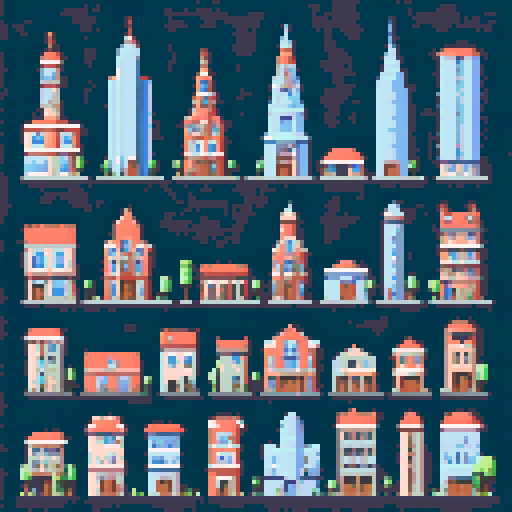 sheet of examples of different buildings, front view, minimalistic, pixel art, ARNE32
