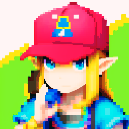 pixel art portrait, person wearing Pokemon-style clothing, cap with Triforce logo, Legend of Zelda, sRGB, joystick in hands, vibrant colors, intricate pixel details