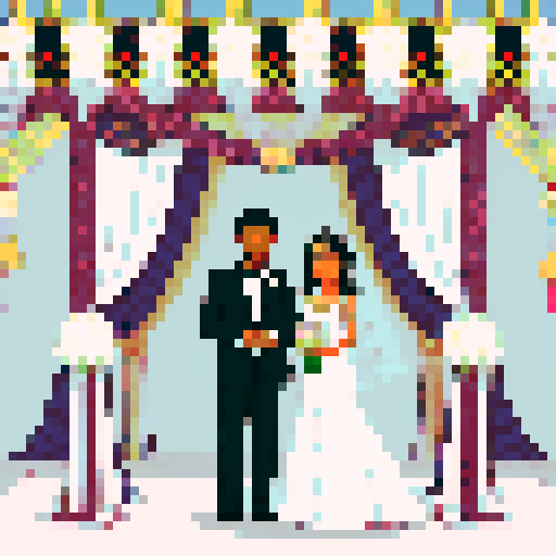 bride with fair skin, black hair, and tall stature, groom with ethnic features, both under white cloth chuppah, at a Jewish wedding, against a black background, in a flat color, pixel art style, emphasizing sRGB