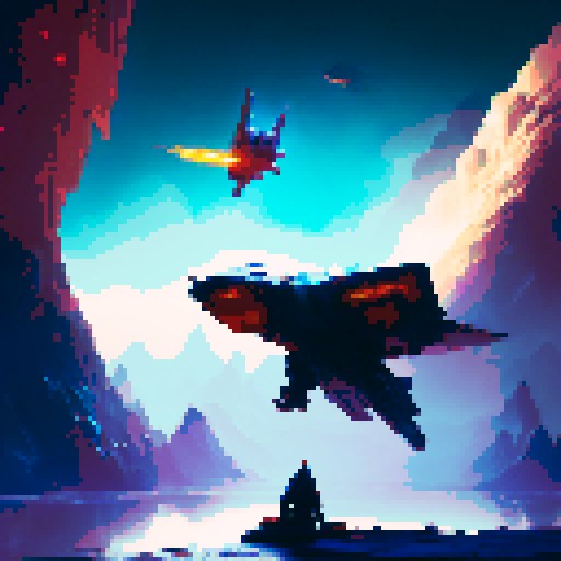 pixelated superman soaring through a vibrant, pixelated fantasy RPG world, with majestic mountains, towering castles, and mystical creatures