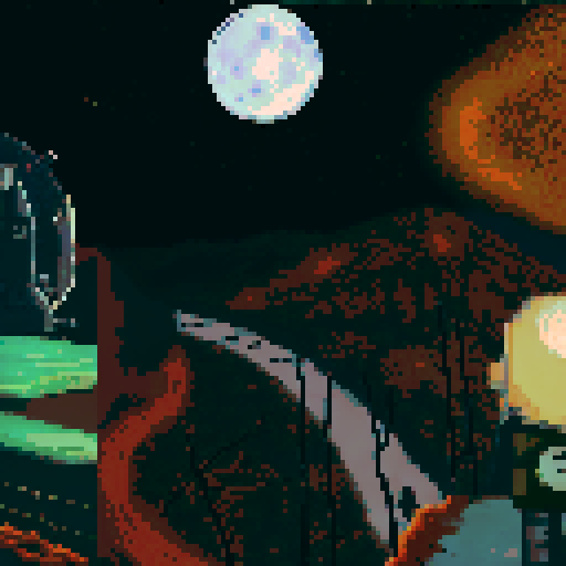 The scene is set as the main protagonist, gurney as seen in the bottom right is on a hill looking over a desolate area with sparse plant life up in flame. We see the back of his head, with his distinct jaw and a cigarette in his mouth. in the distance is a large laboratory, which has smoke coming out of it and a hole in the top. The sky is full of starts, a moon and a distant alien planet
