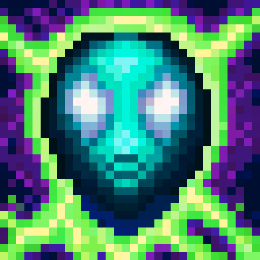 Vibrant green, swirling clouds, glowing purple crystals, and a towering mountain range in the background, all framing a close-up portrait of an alien creature with glowing red eyes and iridescent scales, set in a 32x32 pixel art style