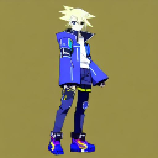 A cyberpunk themed character with yellow hair that has black highlights, with an oversized blue jacket, standing idle like a JRPG battle idle pose. No background.