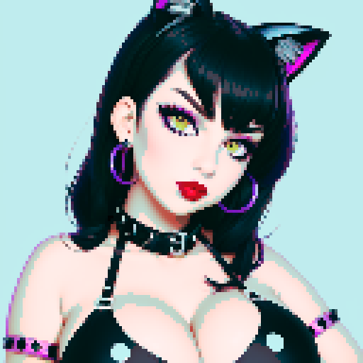 Cat girl, curvy, cute goth girl with black hair, purple eyeshadow, and red lipstick, wearing a bikini, studded collar, in a glamour shot, sRGB color